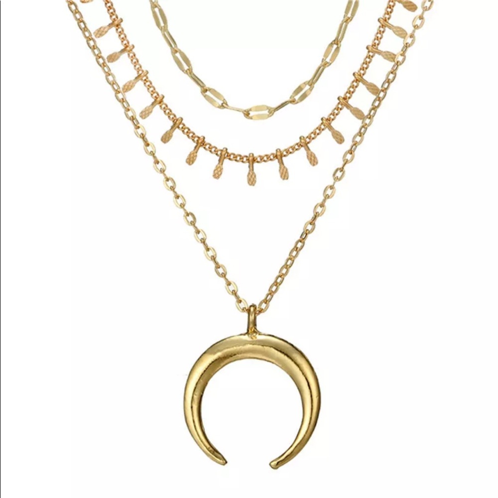 Gold Crescent Moon Triple Layer Necklace